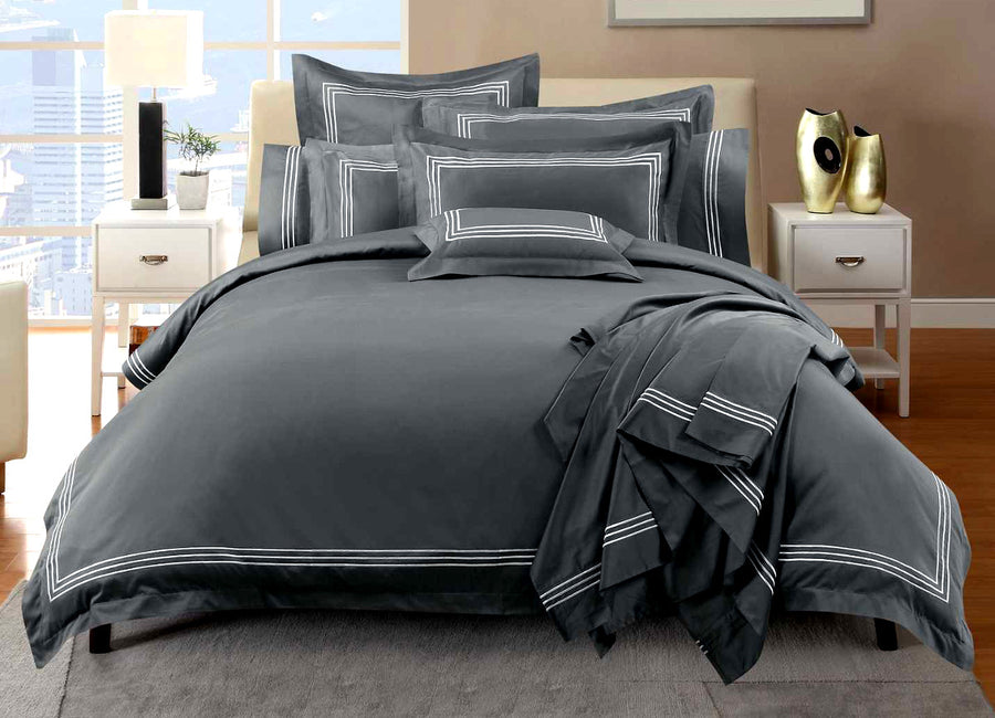 Hotel Quality - 1000TC Embroidery Line Charcoal Duvet / Quilt Cover set - Available in Queen, King, Super King and Accessories