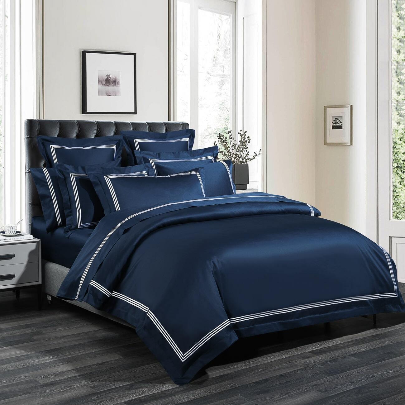 Hotel Luxe - White Embroidery on Navy Blue - 1000TC Quilt Cover Set