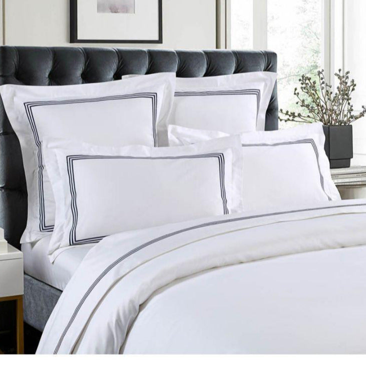 1000 Thread Count Sheet Set - White with Navy Embroidery Lines - Hotel Luxury
