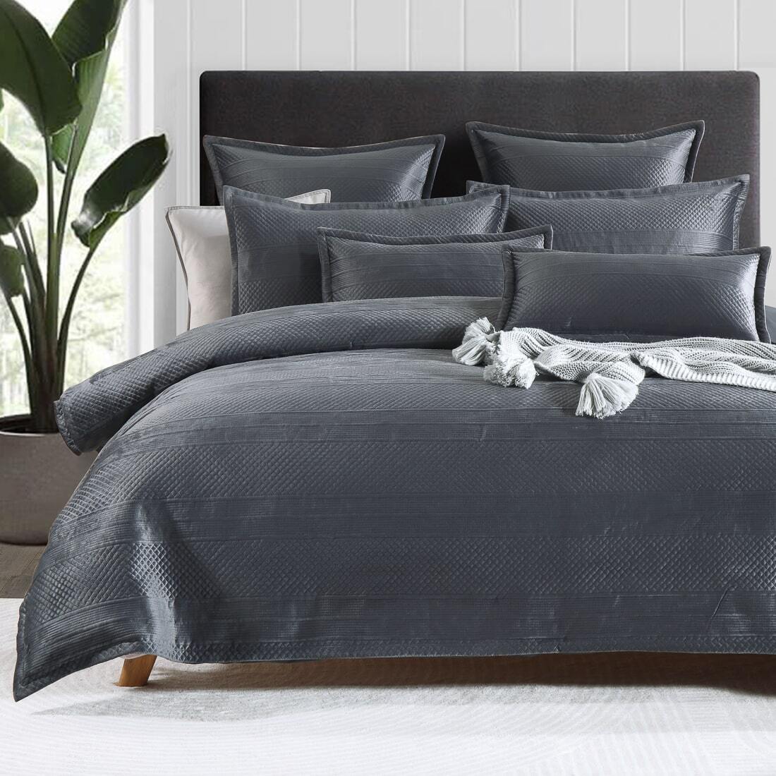 Emma Charcoal Quilted Velvet Quilt Cover Set