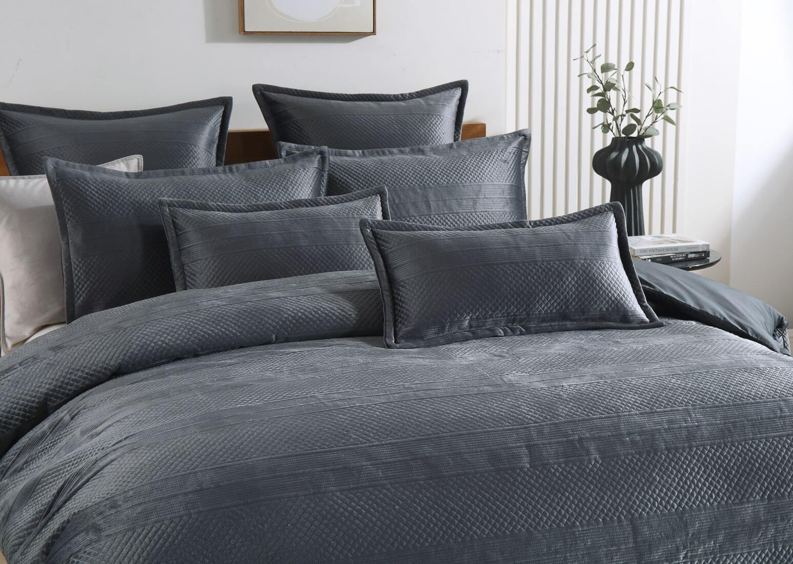 Emma Charcoal Quilted Velvet Quilt Cover Set