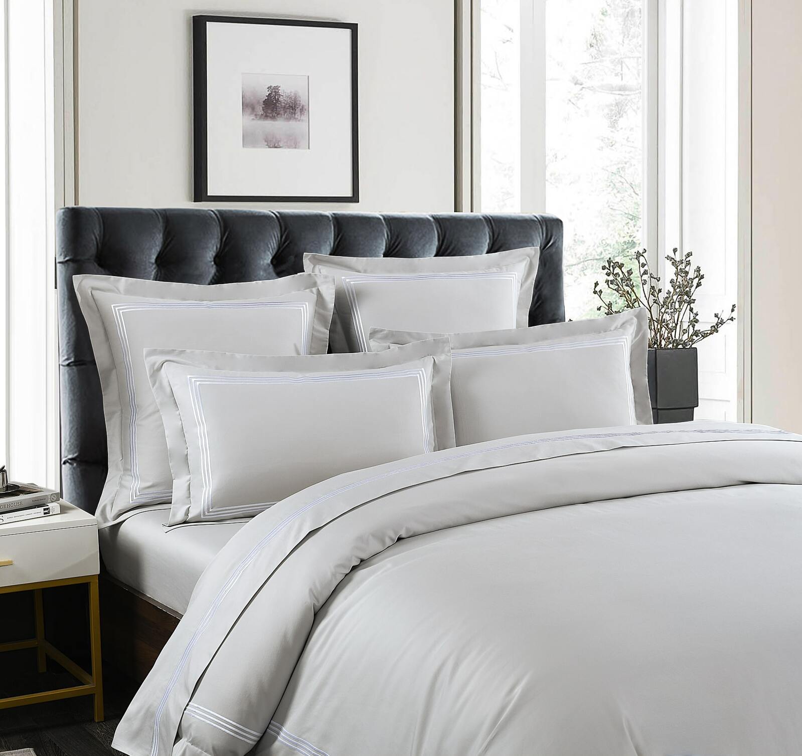 Hotel Luxe - White Embroidery on Pearl Grey - 1000TC Quilt Cover Set
