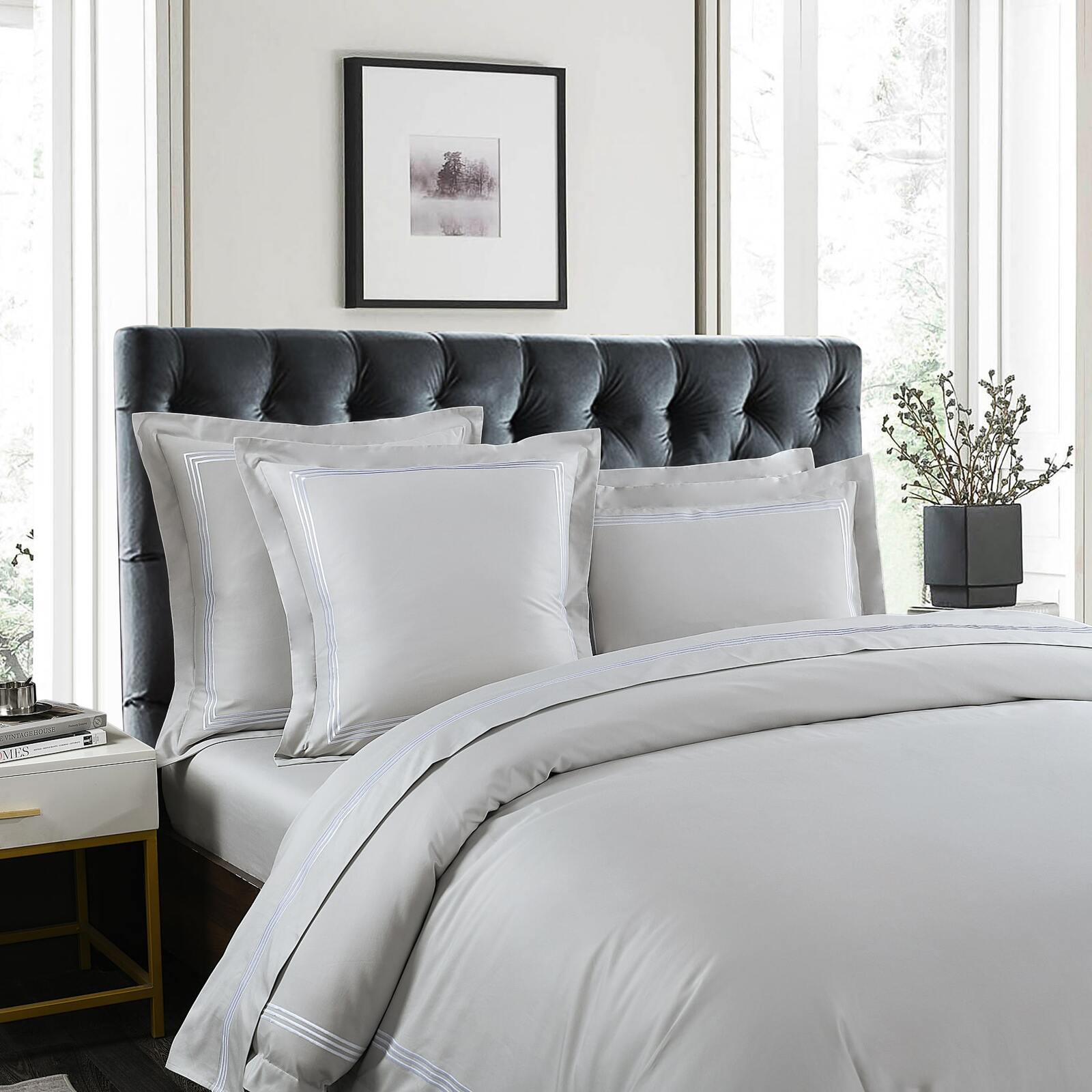 Hotel Luxe - White Embroidery on Pearl Grey - 1000TC Quilt Cover Set