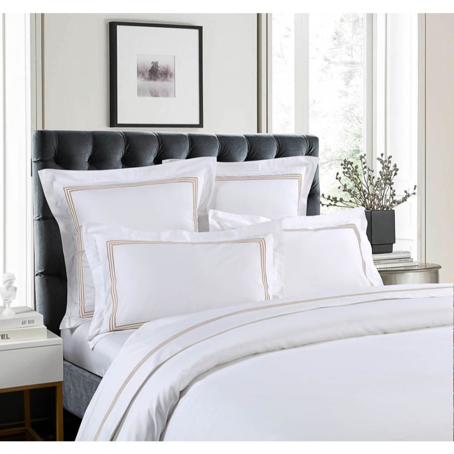 1000 Thread Count Sheet Set - White with Mocha Embroidery Lines - Hotel Luxury