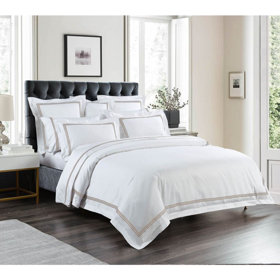 1000 Thread Count Sheet Set - White with Mocha Embroidery Lines - Hotel Luxury