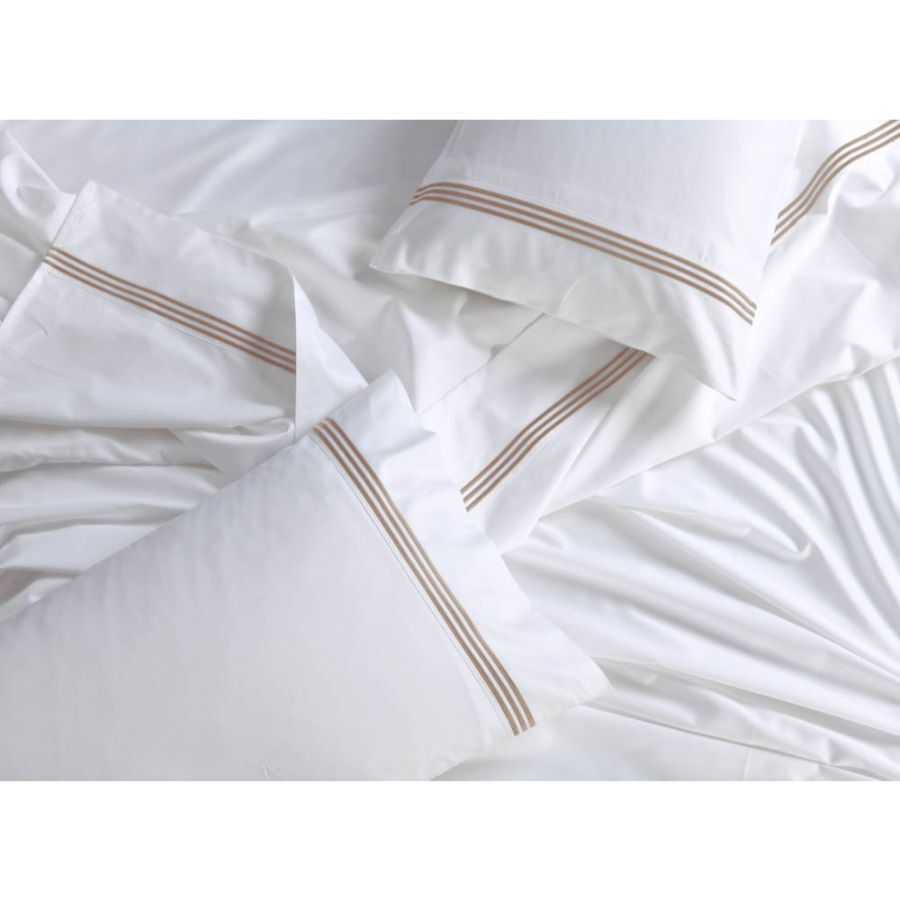 1000 Thread Count Sheet Set - White with Mocha Embroidery Lines - Hotel Luxury