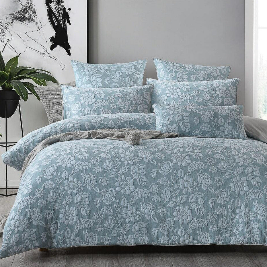 Beatrix Duck Egg Blue Floral Jacquard quilt cover set