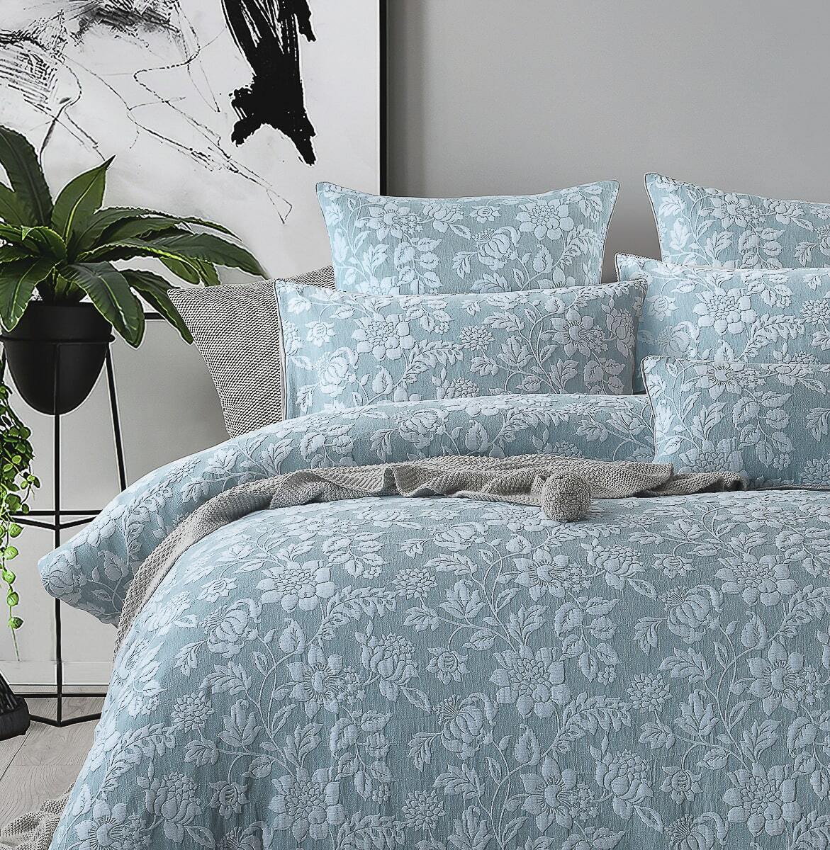 Beatrix Duck Egg Blue Floral Jacquard quilt cover set