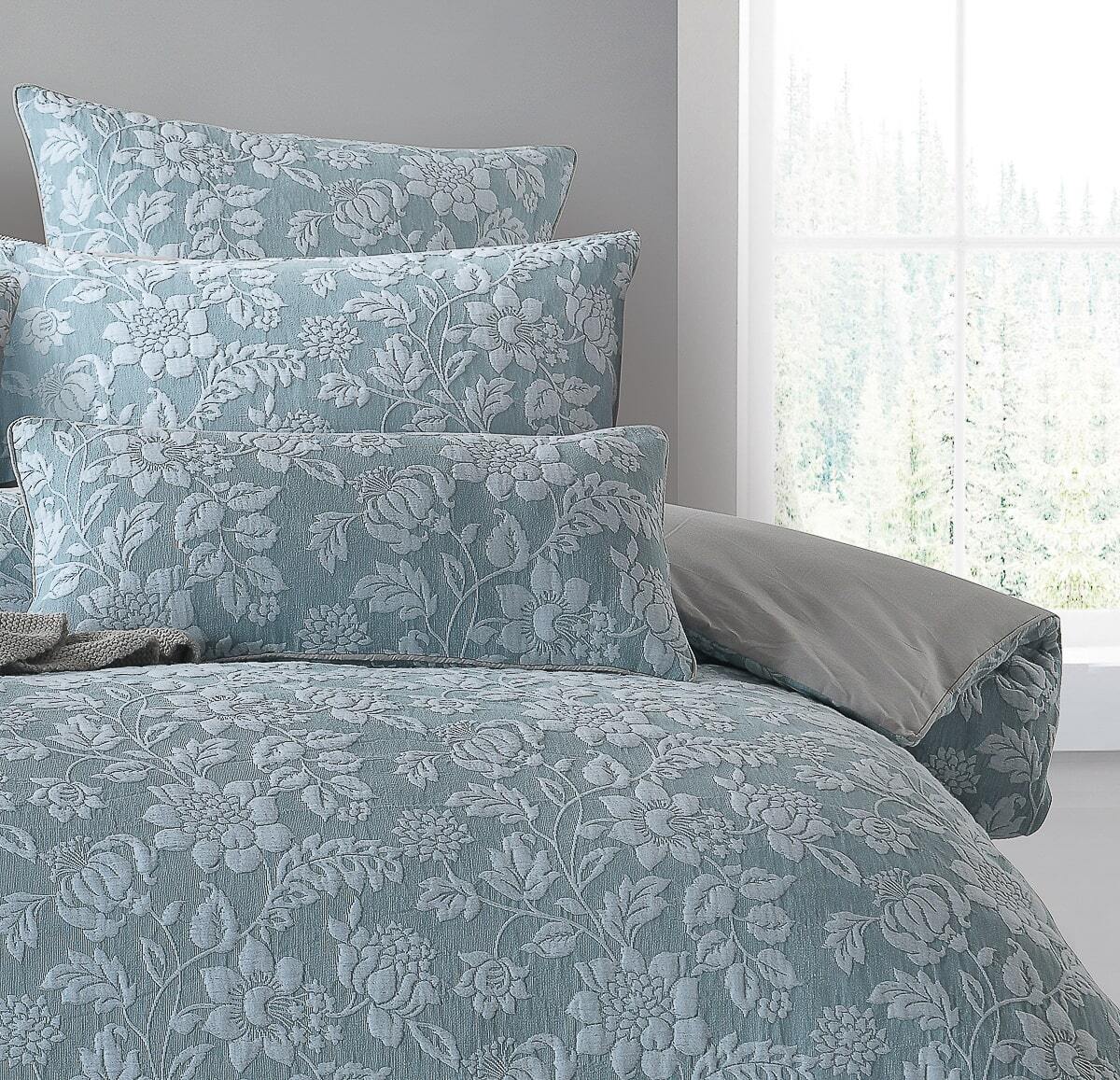 Beatrix Duck Egg Blue Floral Jacquard quilt cover set