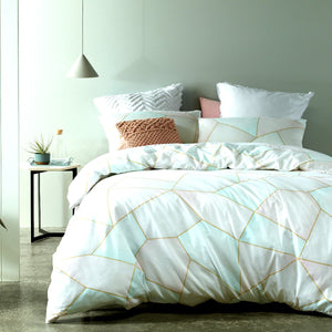 Hexagon Print duvet cover set. Mint and Blush quilt cover set.