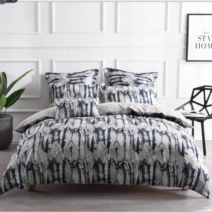 Marble navy duvet cover set. Grey luxury jacquard quilt cover set.