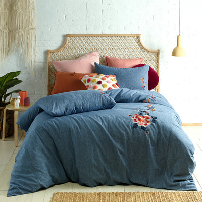 denim stonewashed embroidered quilt cover set