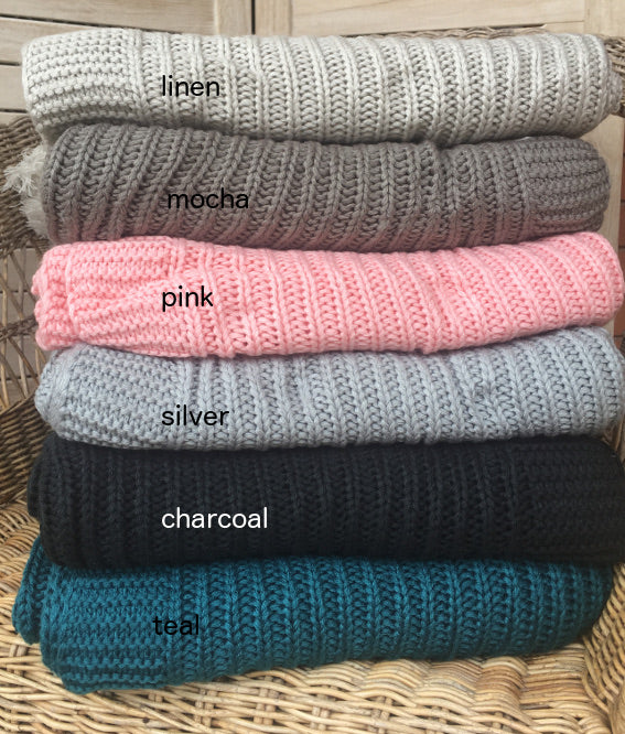 knitted blanket, pink, mocha, linen, silver, teal, charcoal