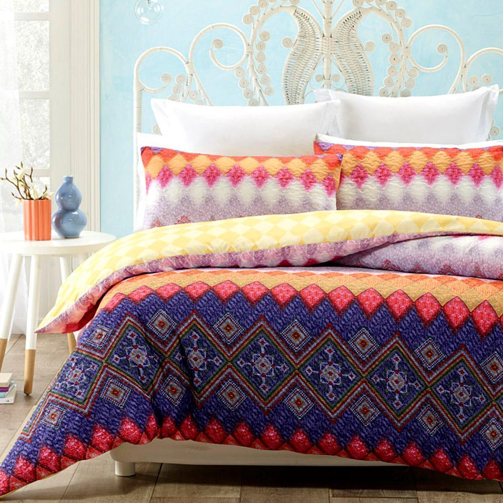 Quilted Effect Printed Yellow Blue Duvet Cover Set with 2 pillowcases