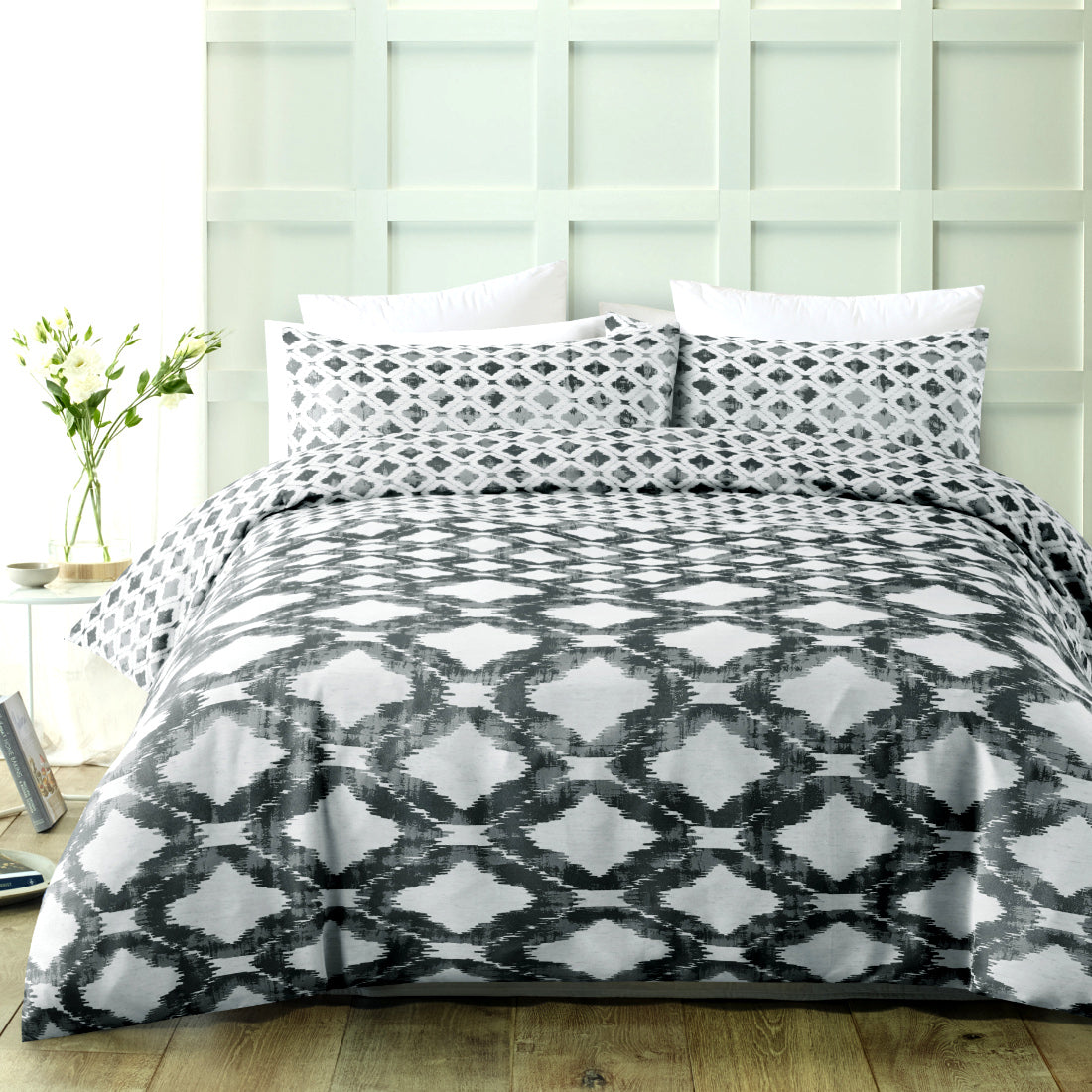 300TC Grey Black duvet cover set. Polyester jacquard quilt cover set.
