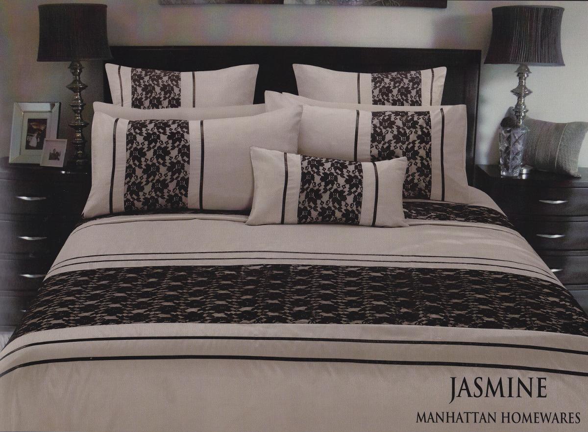 Lace and faux silk duvet cover set. Black and Taupe quilt cover set.