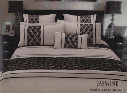 Lace and faux silk duvet cover set. Black and Taupe quilt cover set.