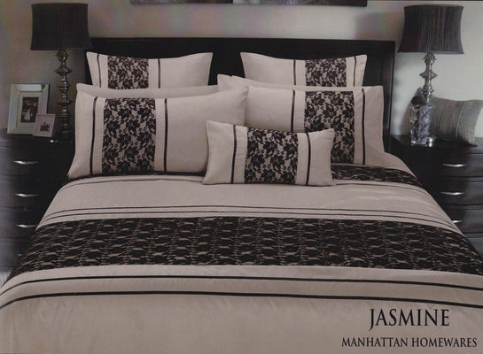 Lace and faux silk duvet cover set. Black and Taupe quilt cover set.