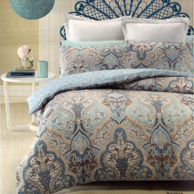 Reversible, Classic, soft colors like white, blue and beige feature on this quilt cover set.