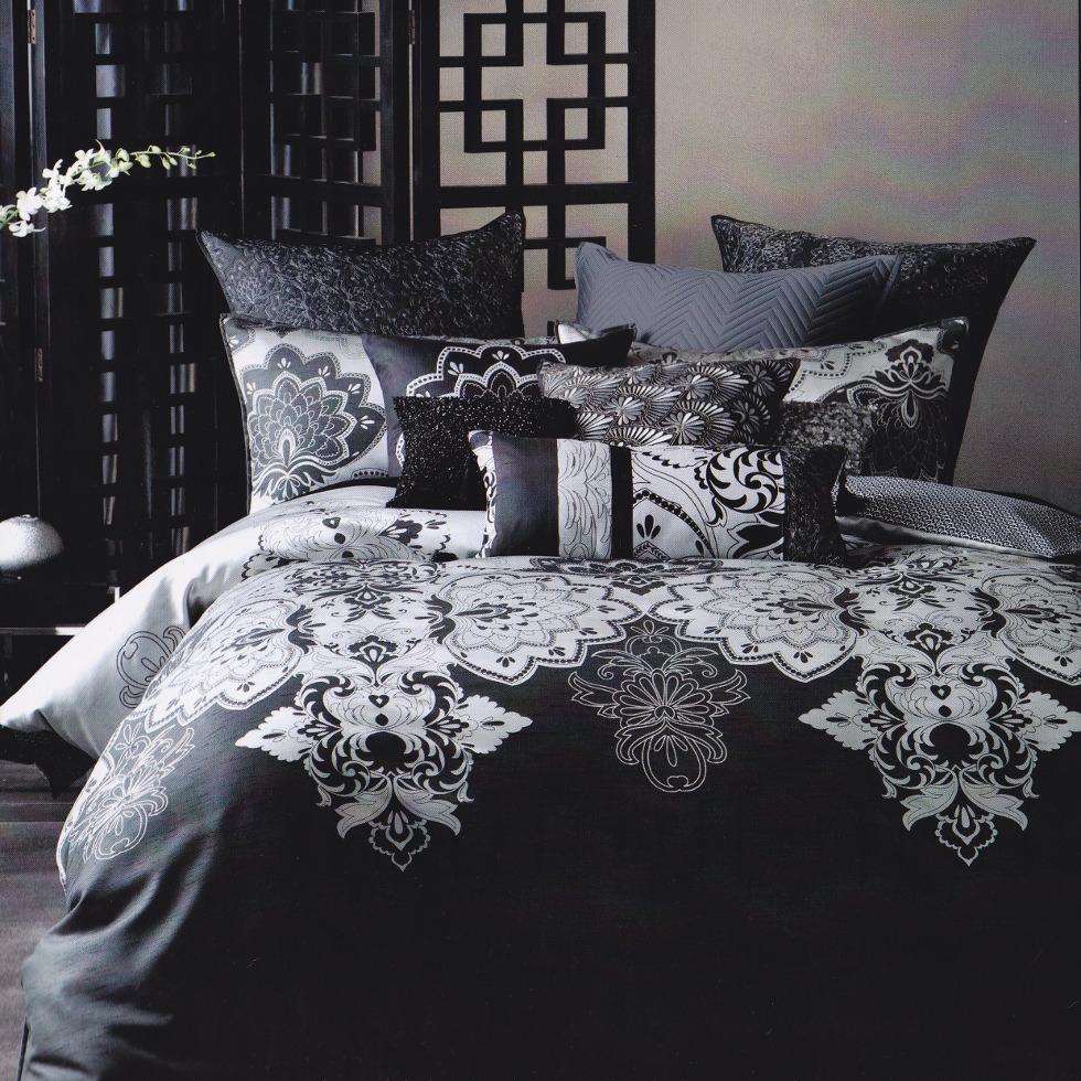 Linen House Jacquard Duvet cover set. Charcoal and grey quilt cover set.