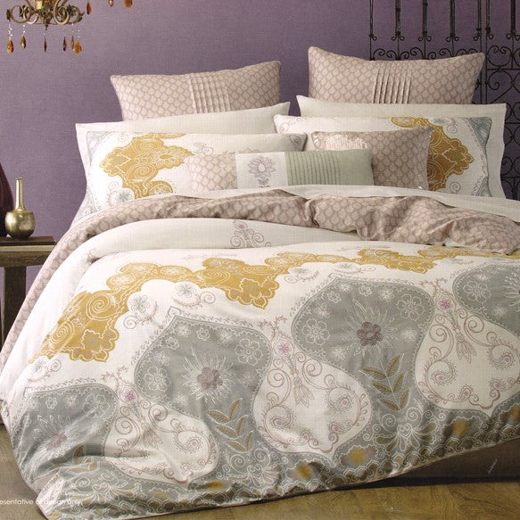 Linen House Purnima cotton quilt cover set. White, gold and grey duvet cover set.