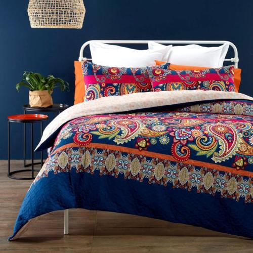 Quilted Effect Printed Blue Pink Duvet Cover Set with 2 pillowcases